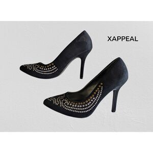 XAPPEAL Women's black suede heels with siver/brass rivets shoes  Sz 7